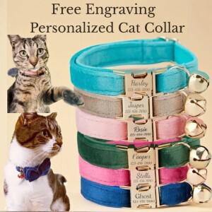 맞춤 이름표 귀여운 금색 종소리 부드러운 벨벳 목걸이 개인 고양이 강아지 이상적인 애완동물 선물