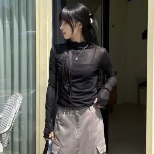 여자 레이어드 핸드 워머 레이스 시스루 긴팔 티셔츠