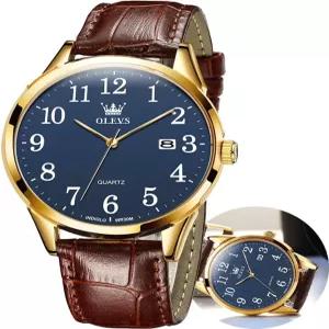 OLEVS 남성용 빈티지 가죽 밴드 드레스 클래식 이지 리더 아라비아 숫자 아날로그 쿼츠 방수 날짜 및 요일