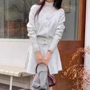 여자 러블리 프릴 브이 울니트가디건 미니스커트 세트