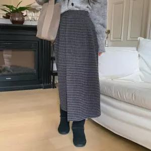 여성 데일리 잔잔체크 모직 일자핏 밴딩 롱 스커트