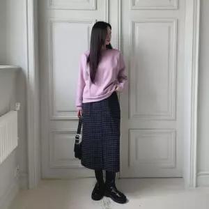 여자 클래식 울혼방 모직 포켓 트임 체크 롱 스커트