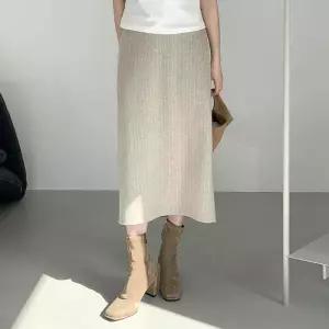 여자 모직 탄탄 줄지 h라인 트임 롱 스커트