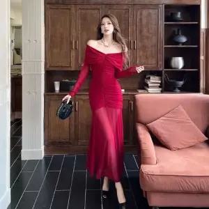 EAMT 여사친 원피스 망사 가을 긴팔 드레스 일자 어깨 롱스커트 YJ3