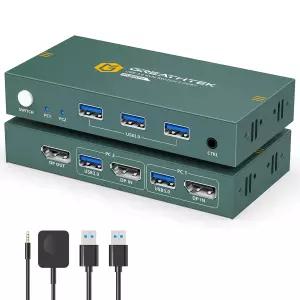 KVM 스위치 1 2대의 컴퓨터 디스플레이 포트 8K@60Hz USB3.0 3개와 3.0 EDID 적응형 공유 마우스 키보드 및