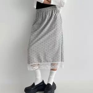 여자 레이스 도트치마 뒤트임 콤비 러블리 롱스커트
