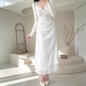 여자 러블리 쉬폰 배색 뒷밴딩 셔링 롱 스커트