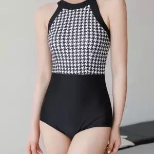 유니크 하운드 패턴 컴흰 원피스 여성 체크 수영복