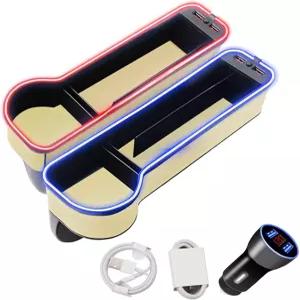 카시트 갭 필러 정리함 다기능 2팩 7가지 색상 변경 LED 심 컵 홀더가 있는 자동차 콘솔 측면 보관함베이지