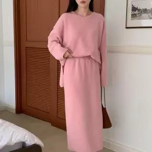 여자 트임 루즈핏 브이니트 골지 롱치마 투피스 세트