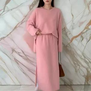 여자 브이니트 루즈핏 투피스 골지 롱치마 세트