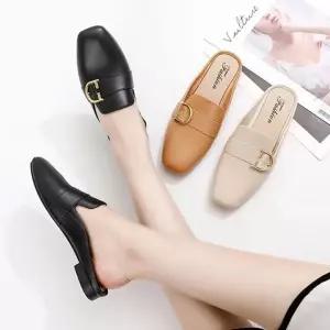 골드 체인 스퀘어 뮬 블로퍼 미들힐 여성 구두슬리퍼