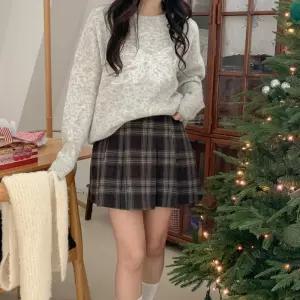 여자 겨울 스쿨룩 체크 플리츠 모직 미니스커트_4