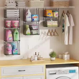 4팩 걸이 세탁실 정리함 360 회전 후크가 있는 접이식 와이어 바구니 세탁기 및 건조기 선반 공간 절약 -