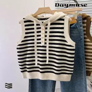 [모어오브]마쉬멜로 니트 조끼 스트라이프 후드 베스트