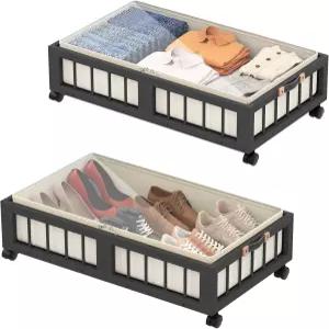 바퀴가 달린 2팩 대나무 침대 밑 보관 용기 큰 먼지 봉투가 있는 옷 바구니 침실 기숙사 및 지하실용 롤링