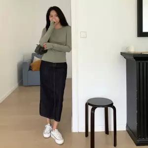 여자 청치마 스티치 백슬릿 일자핏 논스판 롱스커트