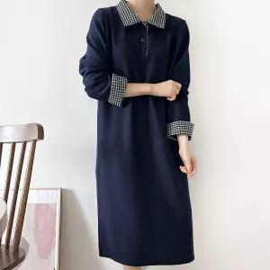 여자 배색 체크 카라넥 버튼 박시핏 네이비 롱원피스