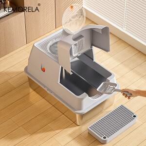 KEMORELA 뚜껑이 있는 스테인레스 스틸 고양이 쓰레기통 - 냄새 방지 밀폐형 높은 측면 디자인에는 누출 및