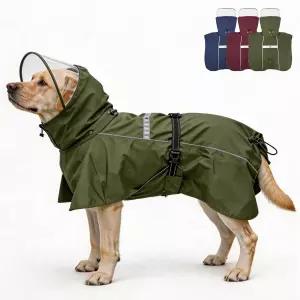 애완견 비옷 재킷 투명 후드 이중 구조 조절 가능 방수 및 반사 기능이 있는 대형 반려견 비 폰초