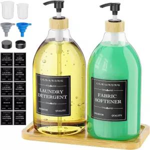 대나무 트레이가 있는 모포로코 액체 세탁 세제 디스펜서 64온스 플라스틱 비누 2팩 세탁실 장식 및 정리용