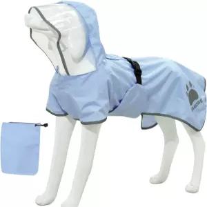MAMORE 강아지 레인코트 방수 경량 조절 가능한 후드 폰초 대형 중형 소형견라이트 블루 위한 반사 스트립