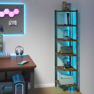 LED 조명이 있는 HONGOUZWL 코너 선반 6단 책장 66인치 정리함 거실 침실 서재 러스틱 브라운이 스틸