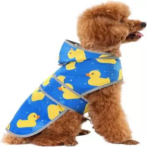 작은 강아지를 위한 비옷 반사 스트립 목줄 구멍이 있는 후드 레인코트와 폰초 조절 가능한 핏샤이니덕XS