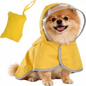 강아지 비옷 조절 가능한 비 재킷 방수 폰초 투명 후드 더블 레이어 반사 스트립 및 소형견 보관 포켓 S