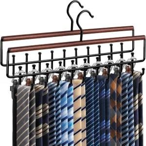 옷장용 2PCS 타이 랙 행거 업그레이드된 2in1 및 벨트 논 슬립 20 후크 공간 절약 나무 정리함 브라 카미