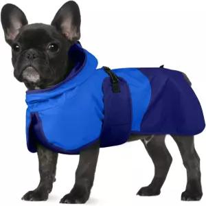 BRKURLG 개 비옷 조절 가능한 후드 방수 목줄 구멍이 있는 애완동물 폰초 반사 스트립 파란색 M