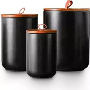 대나무 뚜껑이 있는 조주노 블랙 세라믹 식품 보관 용기 세트30온스 48온스 82온스 밀가루 설탕 커피 차