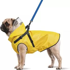 강아지 비옷 반사 하네스와 탈착식 후드가 있는 대형 중형 소형견을 위한 방수 폰초 노란색 M