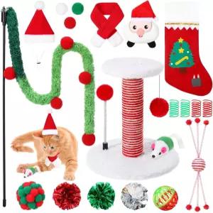 버틴통 28팩 크리스마스 고양이 장난감 세트 긁기 포스트 인터랙티브 스프링볼 산타 모자 스카프 마우스
