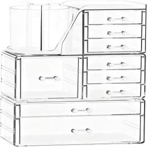 9개의 서랍이 있는 샤인미 클리어 메이크업 오거나이저 회전 브러시 홀더가 3단 스태커블 보관 베니티