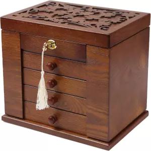 여성용 창수오 나무 보석함 보석 시계 목걸이 반지 잠금식 보관 케이스다크 브라운를 위한 잠금 및 열쇠가