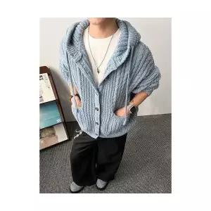 키체샵 남성 집업 가디건 꽈배기 니트 가을 빈티지 후드 단추 커플 HO3
