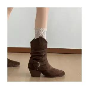 EAMT 여성 양가죽 빈티지 버클 스트랩 힐 웨스턴 데님 부츠 키높이 워커 YJ5