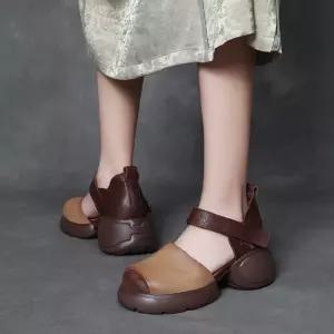 EAMT 여자 웨지힐 샌들 빈티지 통굽 플랫폼 핸드메이드 배색 웨지 사각 단화 YJ5