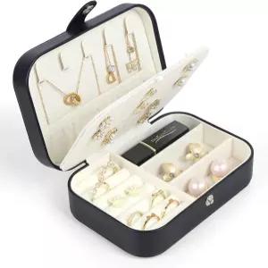 여행용 주얼리 박스 여성용 소형 정리함 2겹 케이스 PU 가죽 미니 휴대용 보관 디스플레이 홀더 귀걸이