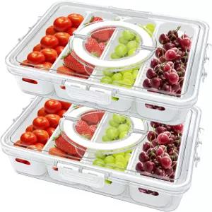 뚜껑이 있는 2팩 분할 서빙 트레이와 손잡이가 휴대용 스낵 상자 차큐테리 용기 냉장고 파티를 위한 과일