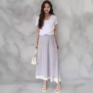 여성 러블리 쉬폰 플라워 패턴 레이어드 A라인 롱 스커트
