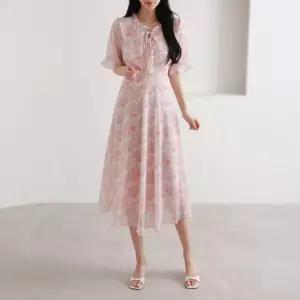 여자 살랑 쉬폰 상견례 화사한 리본 프릴 반팔 원피스_4