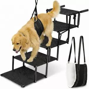 대형견을 위한 자동차용 개 계단 5단계 접이식 200파운드 용량 미끄럼 방지 러그 XL 트 하네스 포함