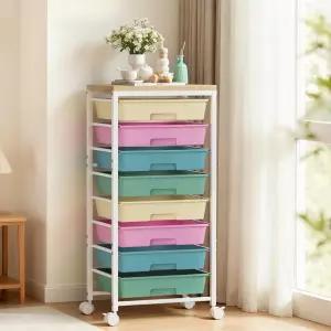 8개의 서랍이 있는 롤링 카트 바퀴와 나무 테이블탑이 플라스틱 보관 침실 거실 사무실 교실 공예품 정리