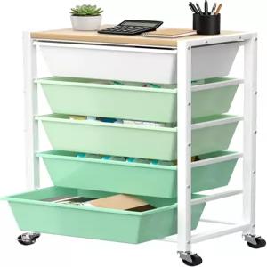 서랍 5개가 있는 롤링 카트 바퀴 및 나무 테이블탑이 플라스틱 보관 사무실 침실 거실용 금속 유틸리티