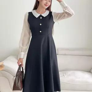 여자 가을하객룩 시스루 쉬폰 긴팔 진주단추 원피스_4