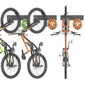 TORACK 벽걸이 회전 자전거 랙, 3대의 자전거와 3개의 헬멧을 위한 차고 수직 걸이, 최대 300파운드까지 보관할 수 있습니다