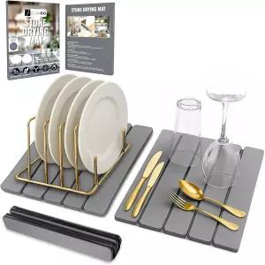 대형 접이식 돌 접시 건조 매트 ？ 규조토 2팩각각 12 x16 또는 24 결합 빠른 미끄럼 방지 패드 주방 및