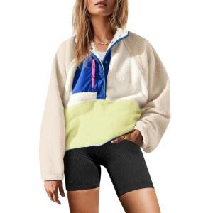 야네콥 여성 퍼지 플리스 풀오버 셰르파 스웨트셔츠 긴 소매 버튼 다운 스웨터 겨울 재킷 주머니 포함